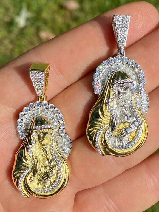 HarlemBling Real Solid 925 Silver and 14k Gold Virgin Mary Iced Diamond Pendant Mens Hip Hop