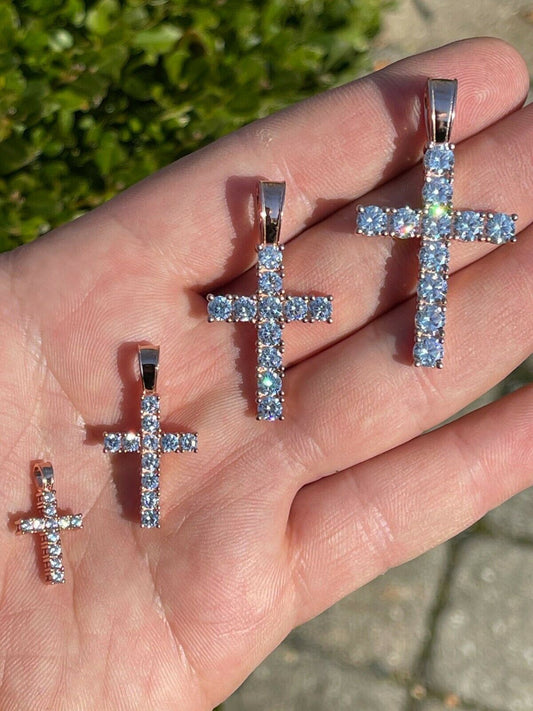 HarlemBling Real Solid 925 Silver and 14k Rose Gold Tennis Cross Pendant Diamond Iced Necklace