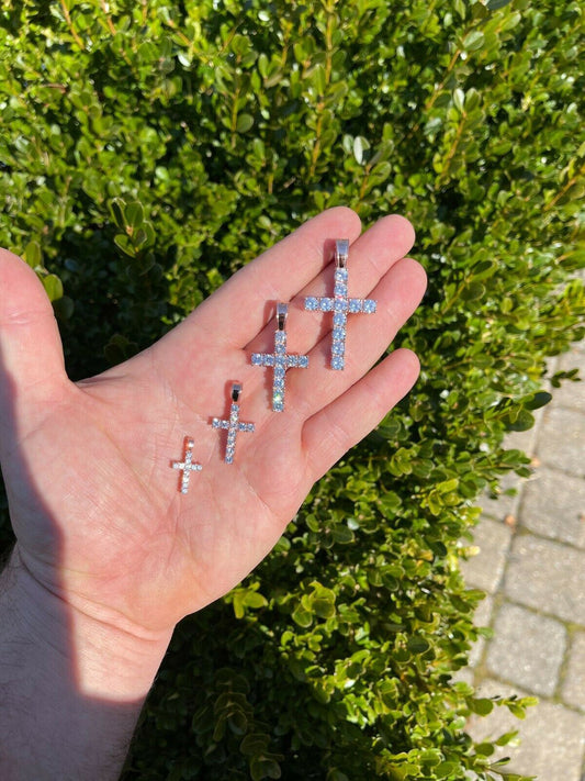 HarlemBling Real Solid 925 Silver and 14k Rose Gold Tennis Cross Pendant Diamond Iced Necklace