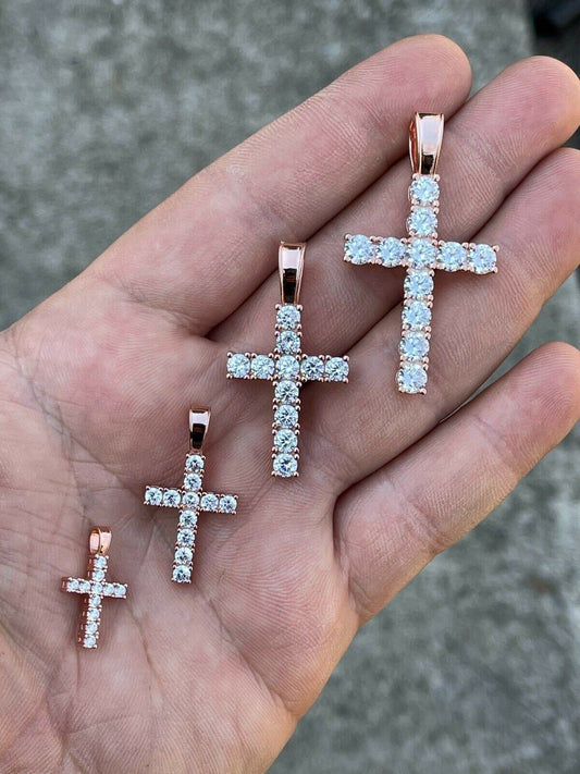HarlemBling Real Solid 925 Silver and 14k Rose Gold Tennis Cross Pendant Diamond Iced Necklace