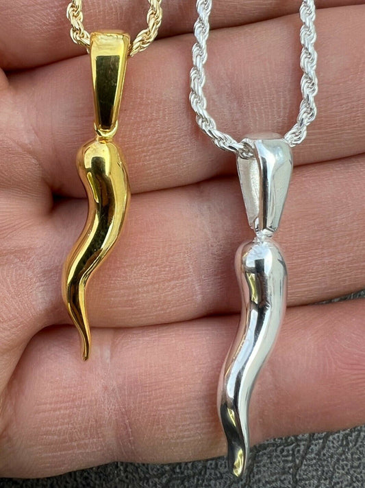 HarlemBling Real Solid 925 Silver / Gold Italian Cornicello Horn Pepper Pendant Necklace