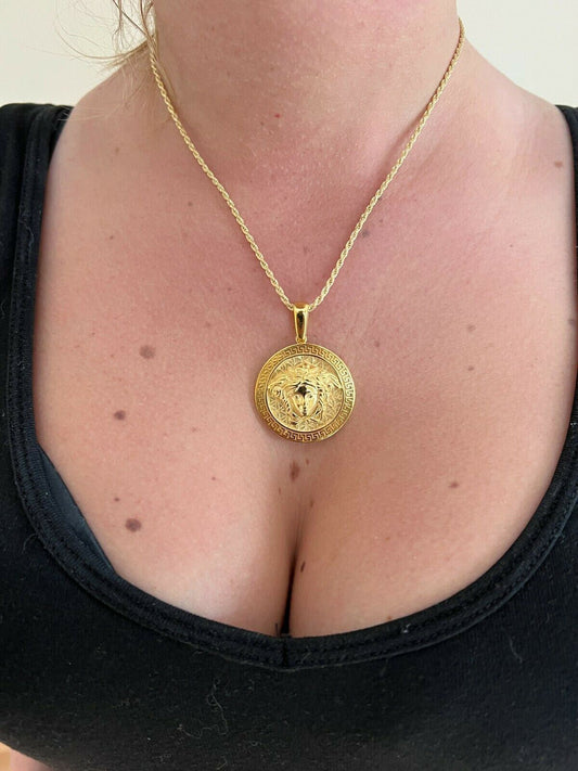 HarlemBling Real Solid 925 Silver / Gold Round Medusa Medallion Pendant Necklace Mens Ladies