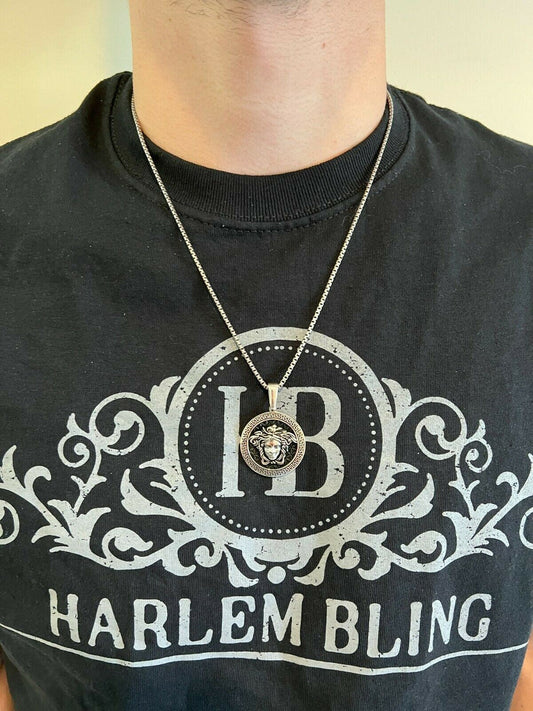 HarlemBling Real Solid 925 Silver / Gold Round Medusa Medallion Pendant Necklace Mens Ladies
