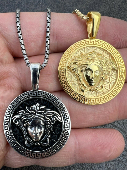 HarlemBling Real Solid 925 Silver / Gold Round Medusa Medallion Pendant Necklace Mens Ladies