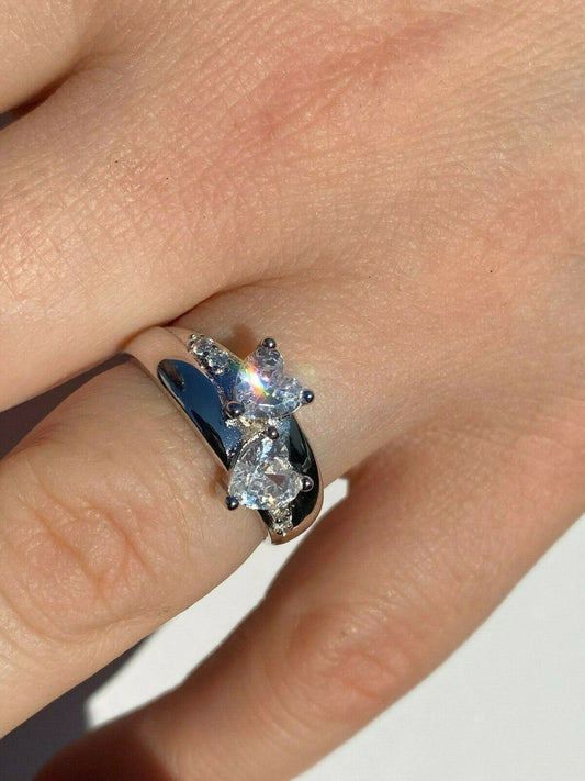 HarlemBling Real Solid 925 Silver Heart Diamond Engagement Promise Ring 14k Yellow Rose Gold