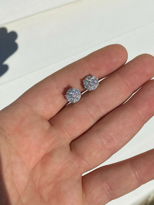 HarlemBling Real Solid 925 Silver Iced CZ Hip Hop Mens Earrings 1/3 Cluster Round Studs