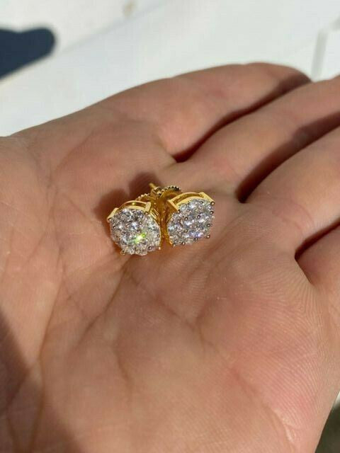 HarlemBling Real Solid 925 Silver Iced CZ Hip Hop Mens Earrings Round Studs 14k Gold Finish