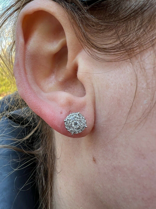 HarlemBling Real Solid 925 Silver Iced CZ Hip Hop Mens Ladies Earrings Round Cluster Studs