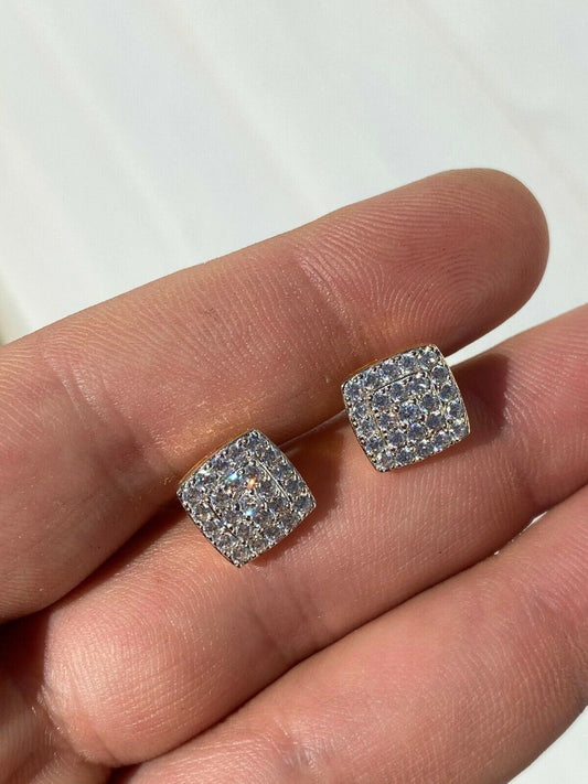HarlemBling Real Solid 925 Silver Iced Diamond Earrings Screw Back 14k Gold Finish Square
