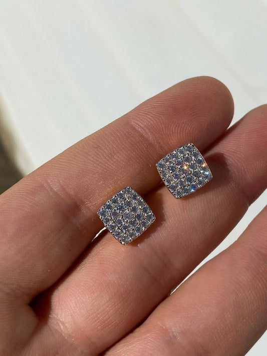 HarlemBling Real Solid 925 Silver Iced Diamond Earrings Screw Back 14k Gold Finish Square