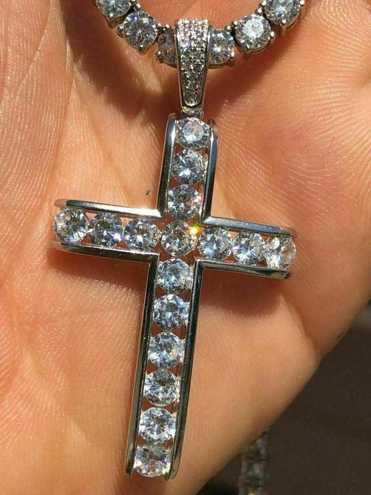 HarlemBling Real Solid 925 Silver Icy Channel Set Tennis Cross CZ W. Chain Men's ICED