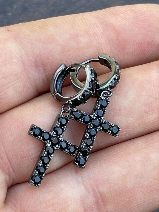 HarlemBling Real Solid 925 Silver Men Ladies Dangle Cross Hoop Earrings Iced Black Diamond