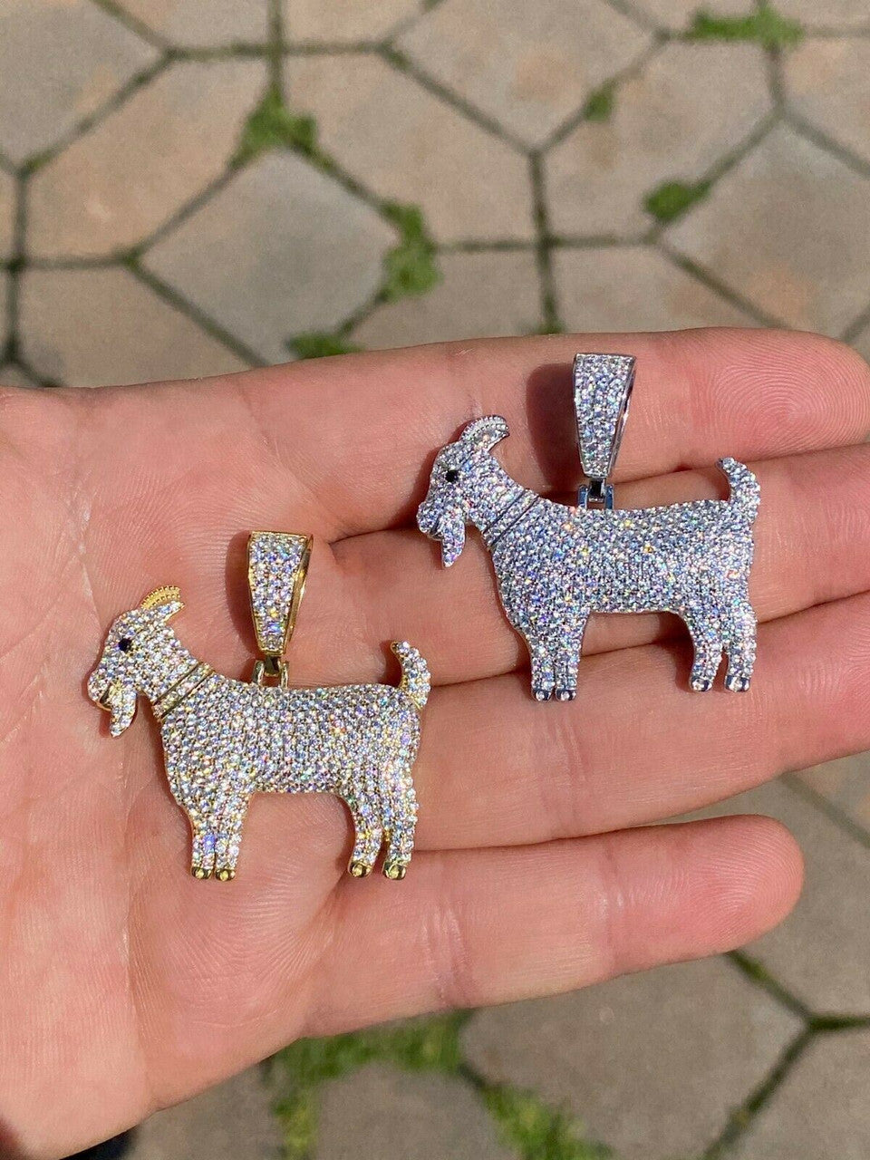 HarlemBling Real Solid 925 Sterling GOAT Pendant Bling Necklace Iced Gold Silver HipHop Mens