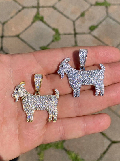 HarlemBling Real Solid 925 Sterling GOAT Pendant Bling Necklace Iced Gold Silver HipHop Mens