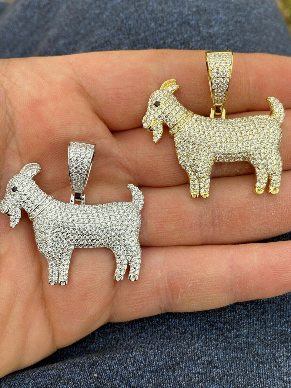 HarlemBling Real Solid 925 Sterling GOAT Pendant Bling Necklace Iced Gold Silver HipHop Mens