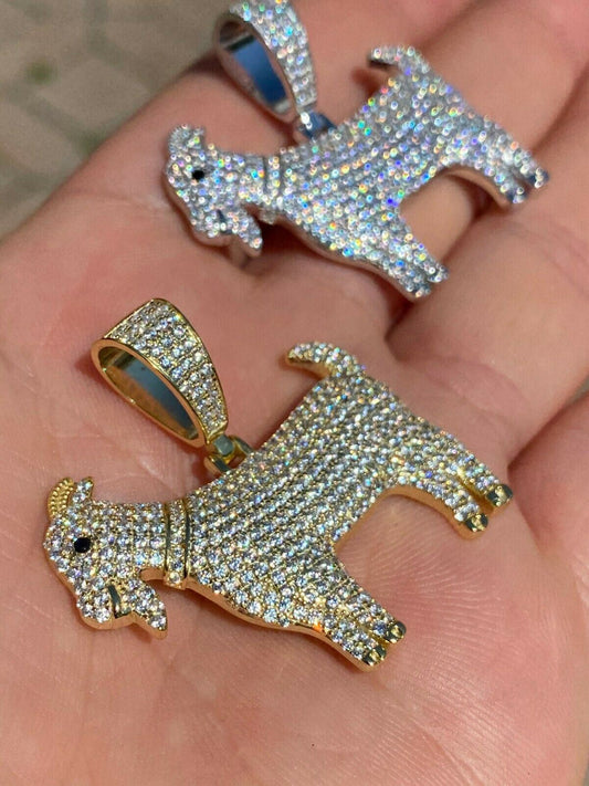 HarlemBling Real Solid 925 Sterling GOAT Pendant Bling Necklace Iced Gold Silver HipHop Mens