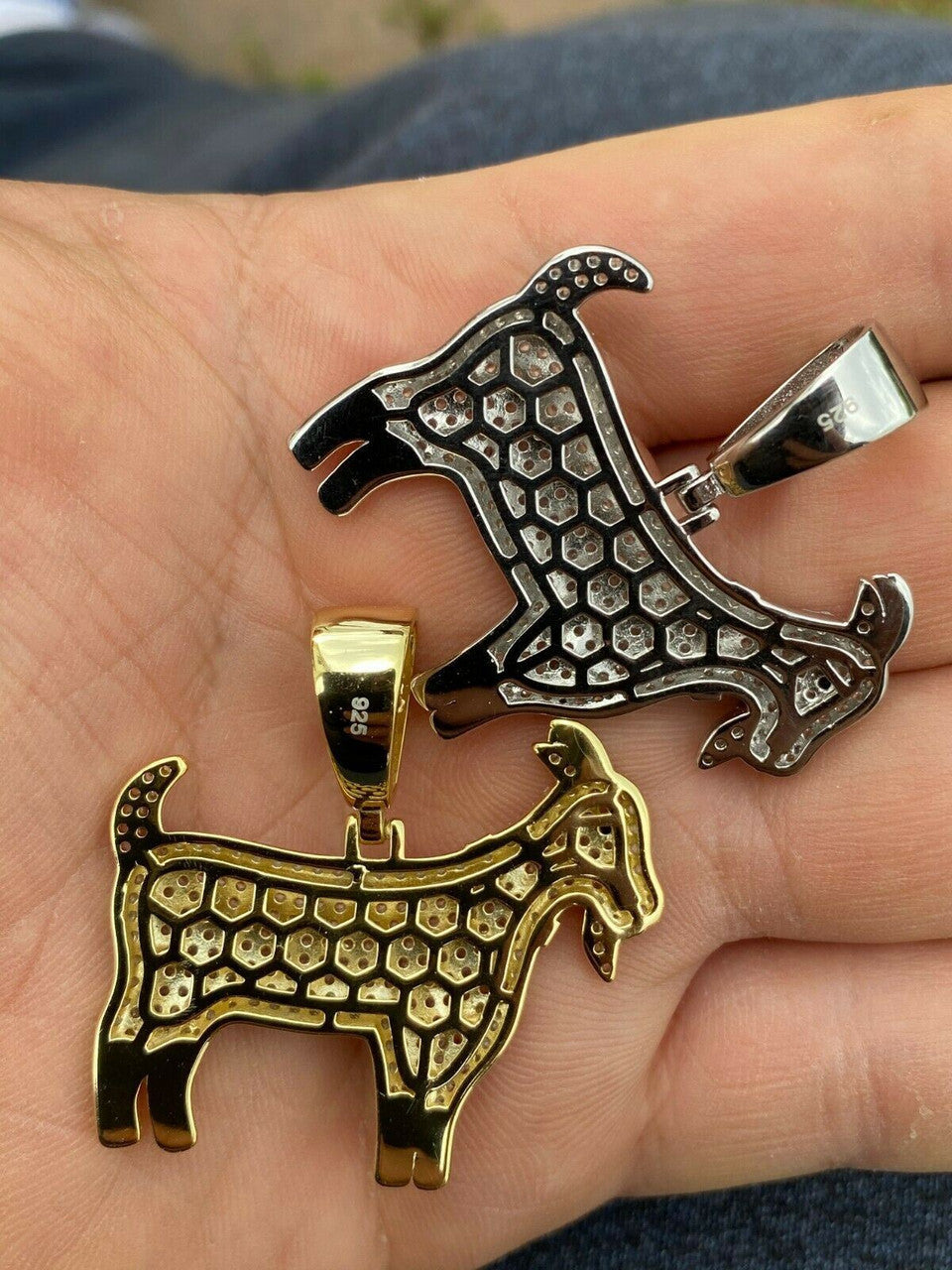 HarlemBling Real Solid 925 Sterling GOAT Pendant Bling Necklace Iced Gold Silver HipHop Mens