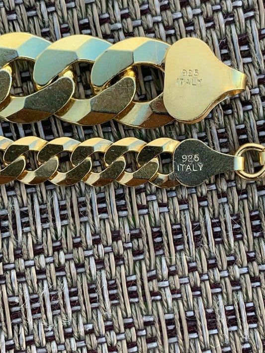 HarlemBling Real Solid 925 Sterling Silver and 14k Gold Diamond Cut Flat Miami Cuban Bracelet