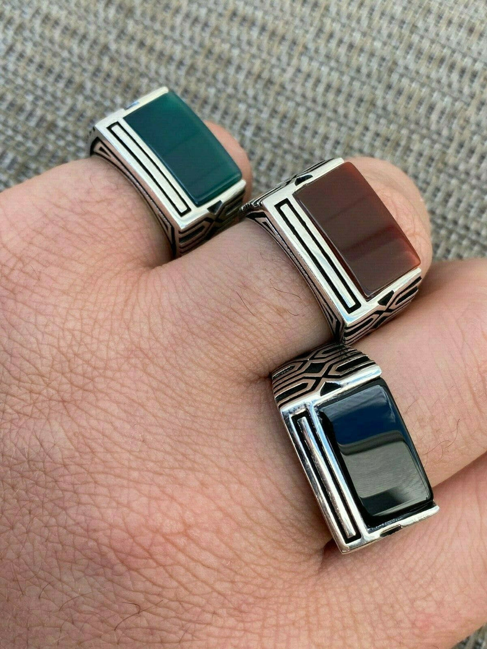 HarlemBling Real Solid 925 Sterling Silver Black Onyx Green Or Red Agate Mens Stone Ring