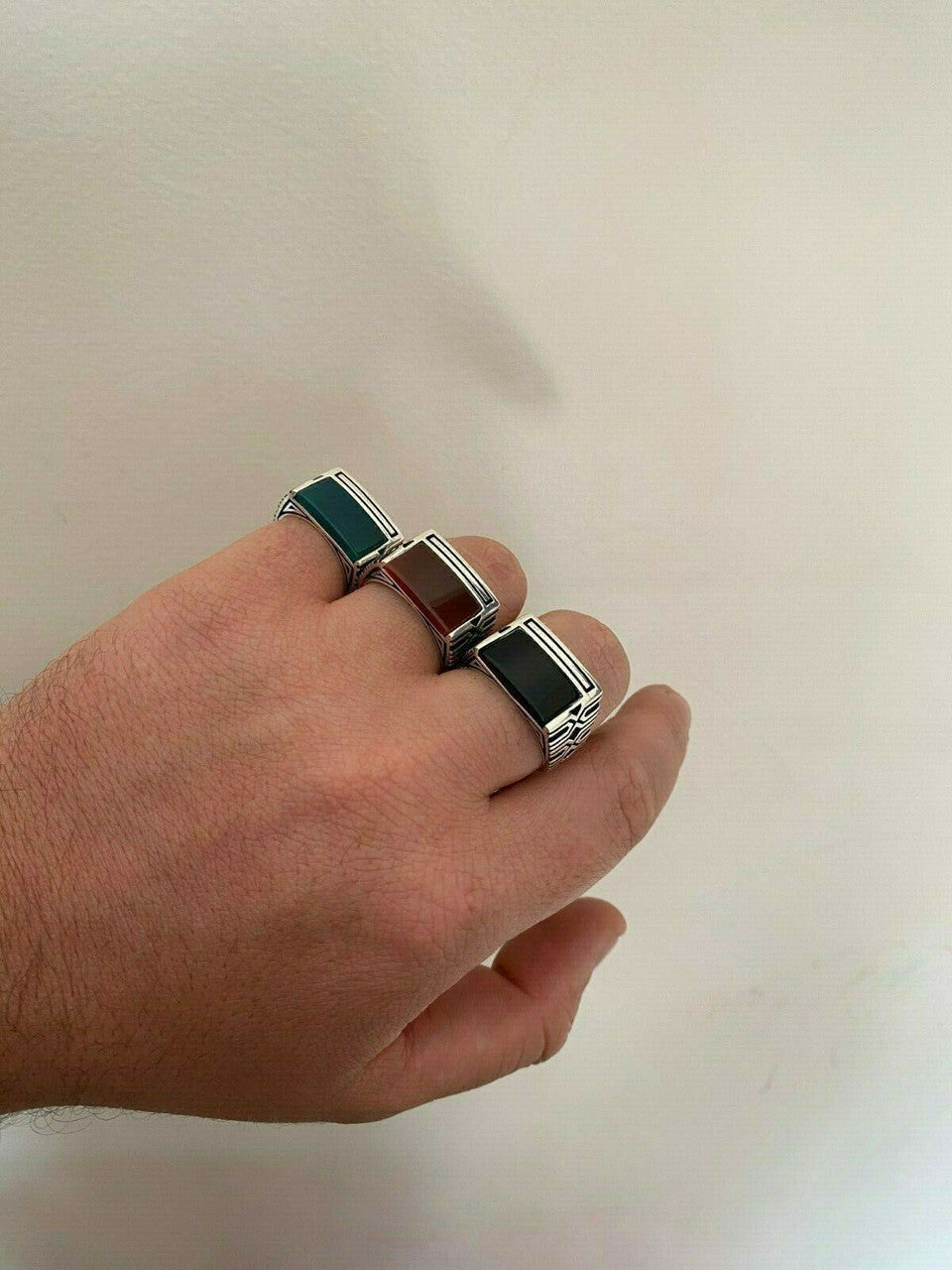 HarlemBling Real Solid 925 Sterling Silver Black Onyx Green Or Red Agate Mens Stone Ring