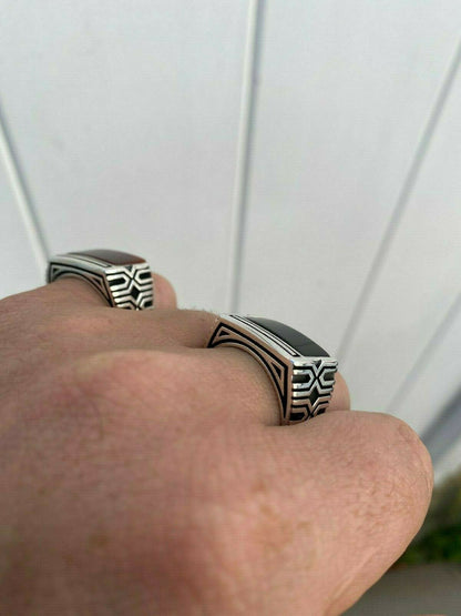 HarlemBling Real Solid 925 Sterling Silver Black Onyx Green Or Red Agate Mens Stone Ring