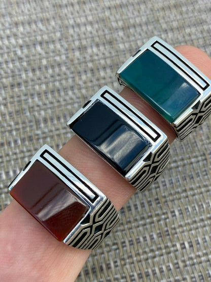 HarlemBling Real Solid 925 Sterling Silver Black Onyx Green Or Red Agate Mens Stone Ring