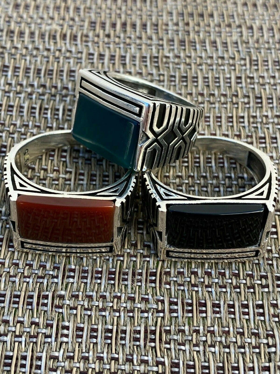 HarlemBling Real Solid 925 Sterling Silver Black Onyx Green Or Red Agate Mens Stone Ring