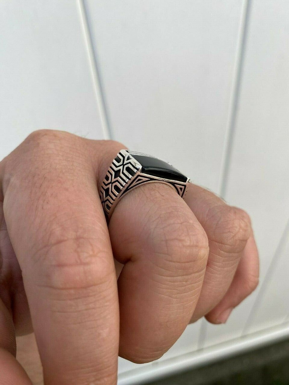 HarlemBling Real Solid 925 Sterling Silver Black Onyx Green Or Red Agate Mens Stone Ring