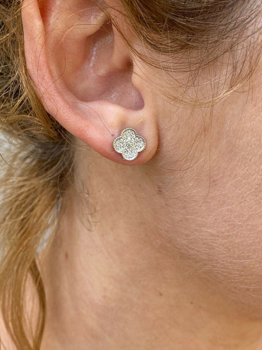 HarlemBling Real Solid 925 Sterling Silver Earrings Four Leaf Clover Flower Designer Studs