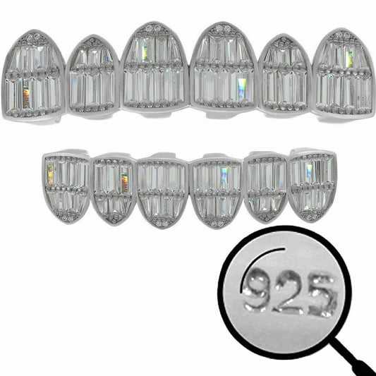 HarlemBling Real Solid 925 Sterling Silver Grillz Baguette Iced Grills Top Or Bottom Teeth