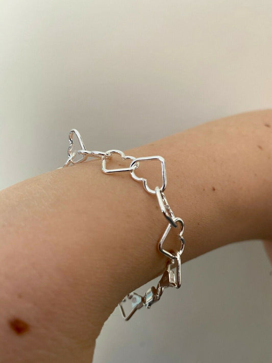 HarlemBling Real SOLID 925 Sterling Silver Heart Shaped Charm Link Ladies Bracelet 10mm Wide