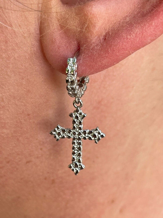 HarlemBling Real Solid 925 Sterling Silver Men Ladies Nugget Cross Huggie Hoop Drop Earrings