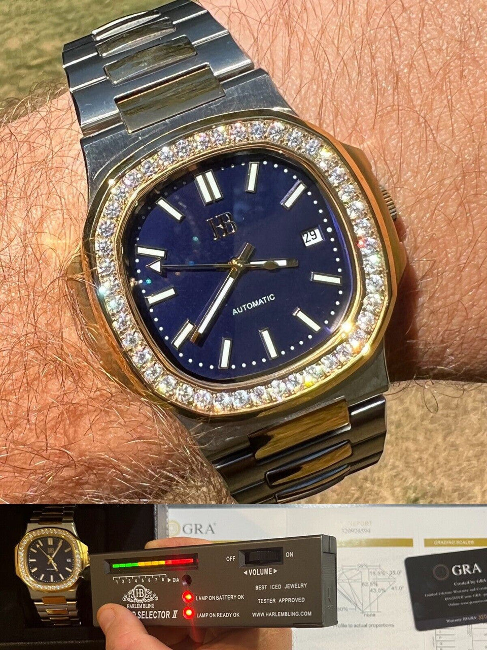HarlemBling Real Stainless and 14k Gold Iced 2ct Moissanite Watch Blue Face Pass Diamond Test