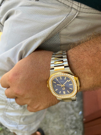 HarlemBling Real Stainless and 14k Gold Iced 2ct Moissanite Watch Blue Face Pass Diamond Test