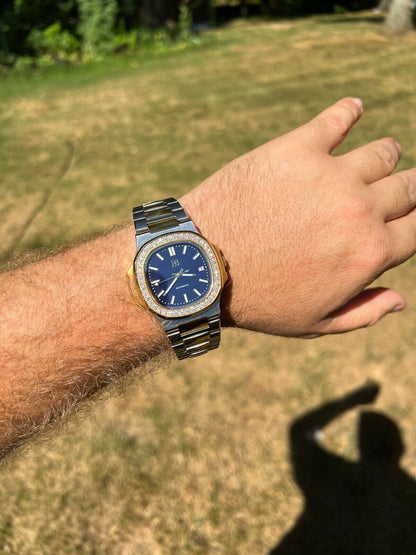 HarlemBling Real Stainless and 14k Gold Iced 2ct Moissanite Watch Blue Face Pass Diamond Test