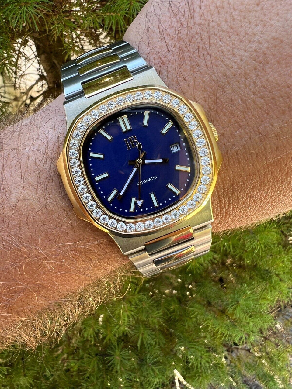 HarlemBling Real Stainless and 14k Gold Iced 2ct Moissanite Watch Blue Face Pass Diamond Test