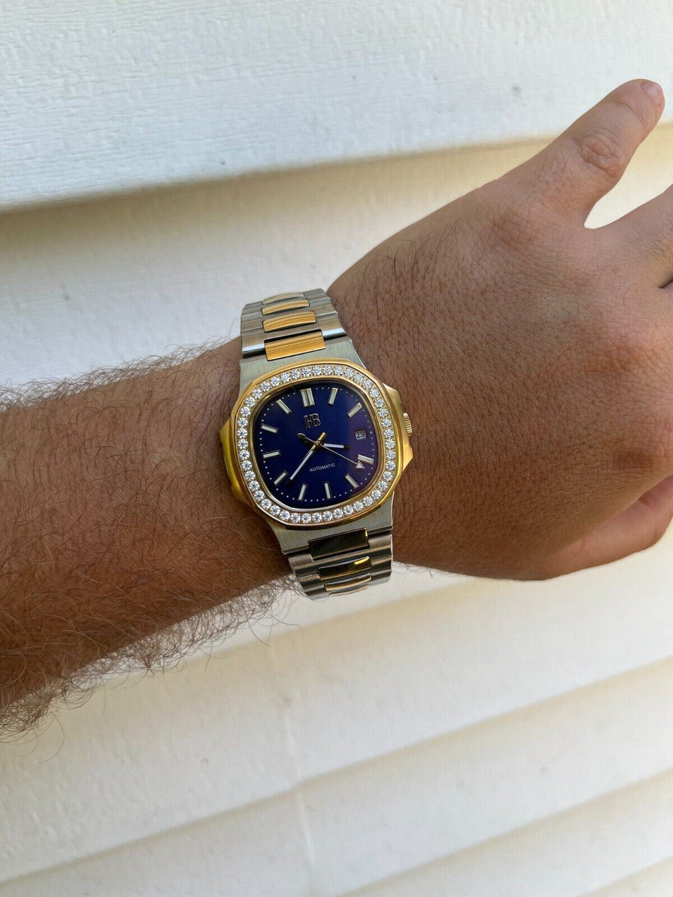 HarlemBling Real Stainless and 14k Gold Iced 2ct Moissanite Watch Blue Face Pass Diamond Test