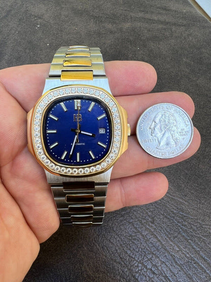 HarlemBling Real Stainless and 14k Gold Iced 2ct Moissanite Watch Blue Face Pass Diamond Test