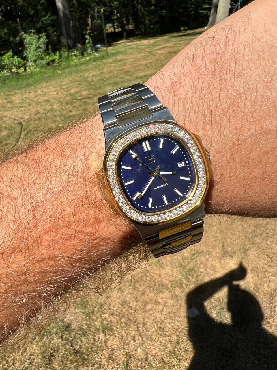 HarlemBling Real Stainless and 14k Gold Iced 2ct Moissanite Watch Blue Face Pass Diamond Test