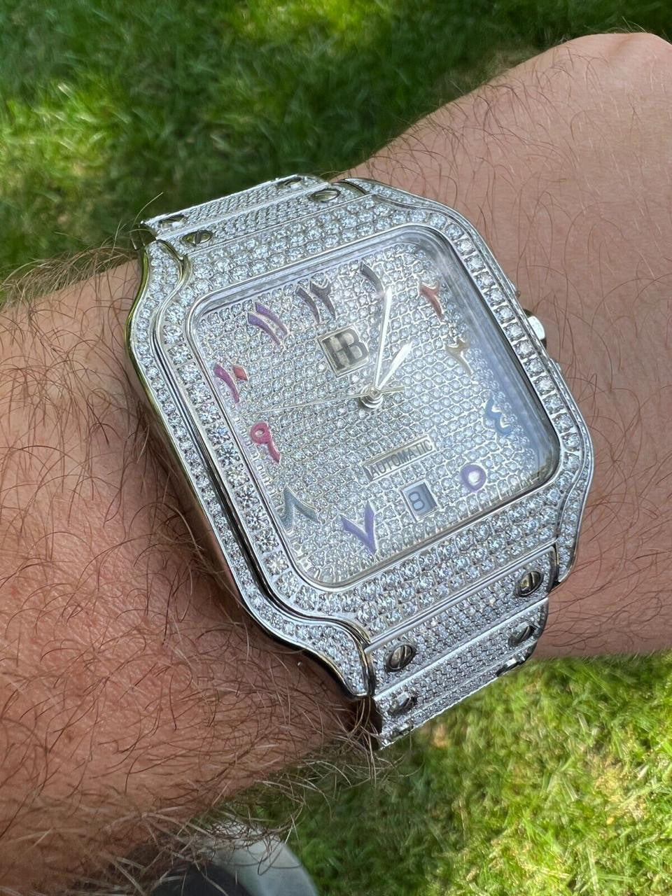 HarlemBling Real Stainless Steel Mens Watch Iced Simulated Diamond Hip Hop Bust Down Arabic