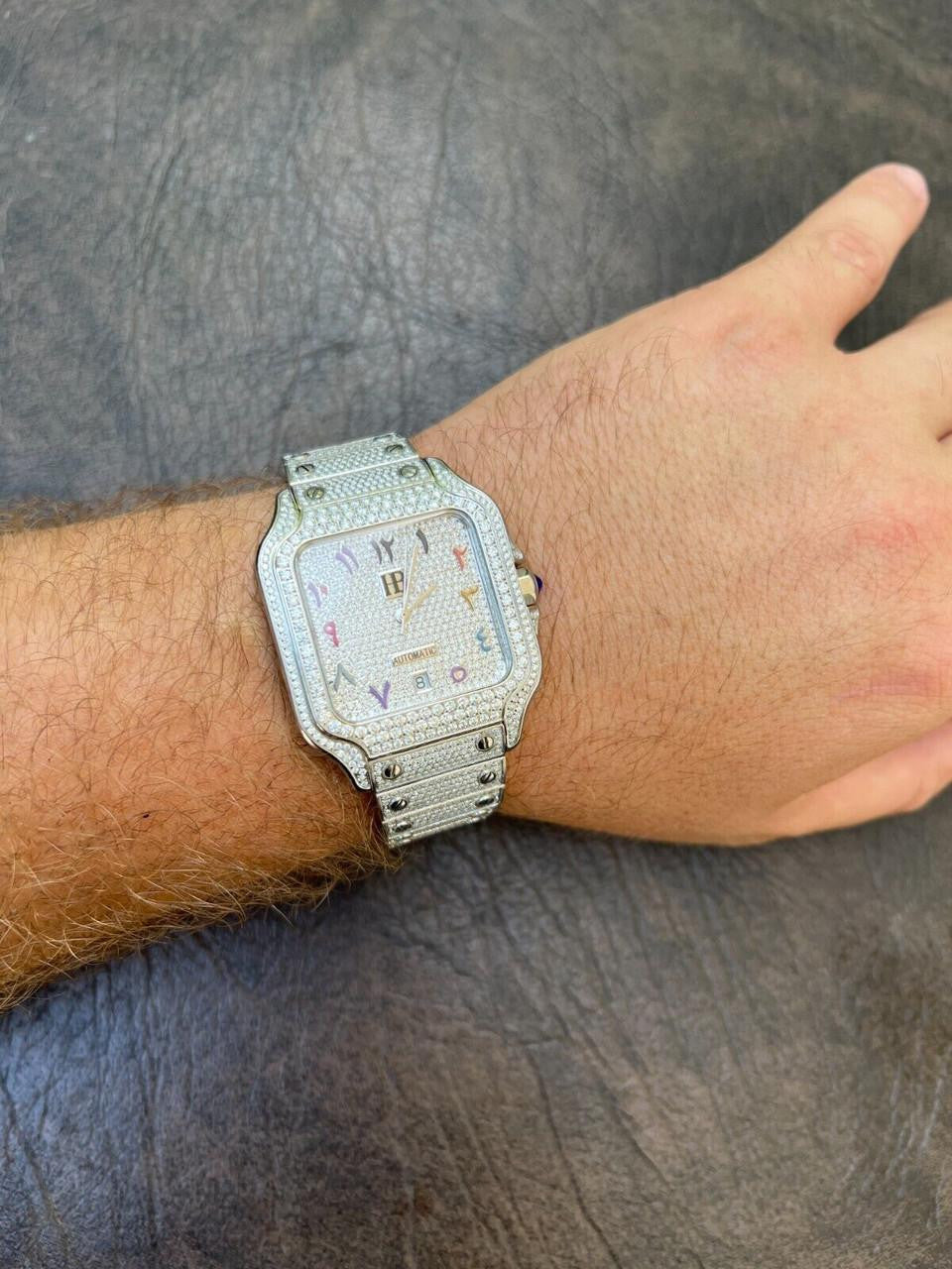 HarlemBling Real Stainless Steel Mens Watch Iced Simulated Diamond Hip Hop Bust Down Arabic