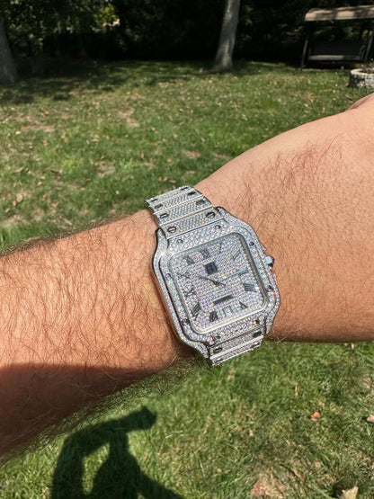 HarlemBling Real Stainless Steel Mens Watch Iced Simulated Diamond Hip Hop Bust Down Square