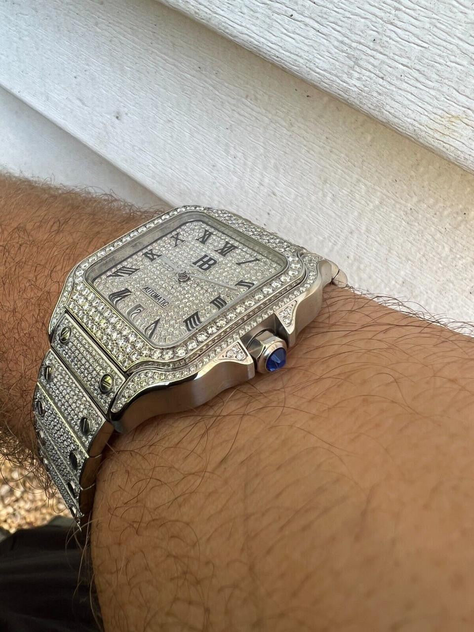 HarlemBling Real Stainless Steel Mens Watch Iced Simulated Diamond Hip Hop Bust Down Square