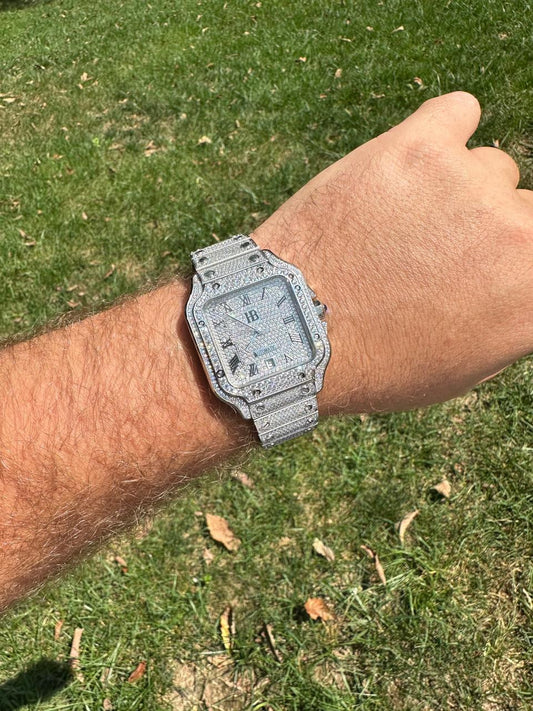 HarlemBling Real Stainless Steel Mens Watch Iced Simulated Diamond Hip Hop Bust Down Square