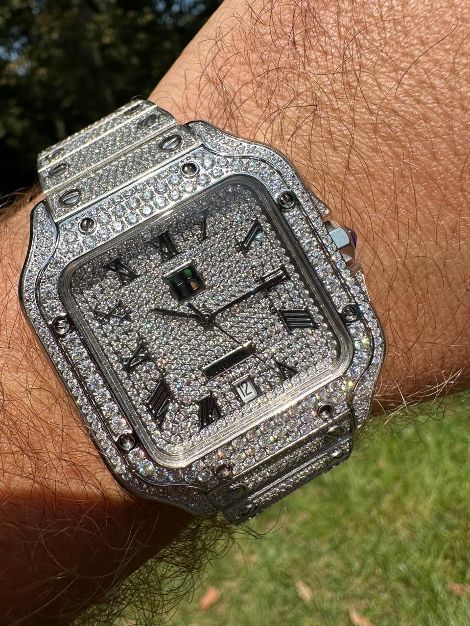 HarlemBling Real Stainless Steel Mens Watch Iced Simulated Diamond Hip Hop Bust Down Square