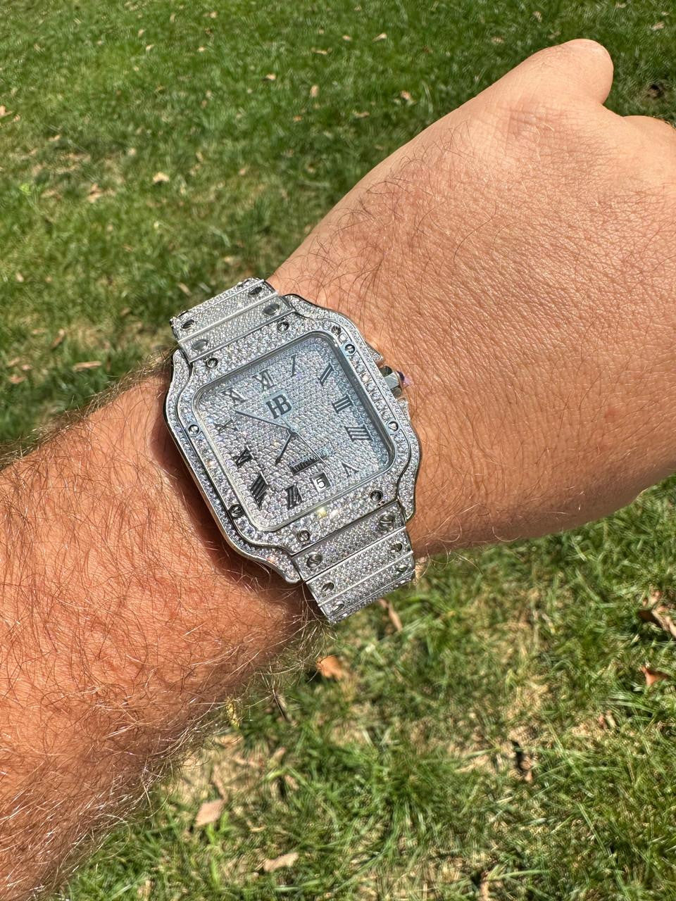 HarlemBling Real Stainless Steel Mens Watch Iced Simulated Diamond Hip Hop Bust Down Square