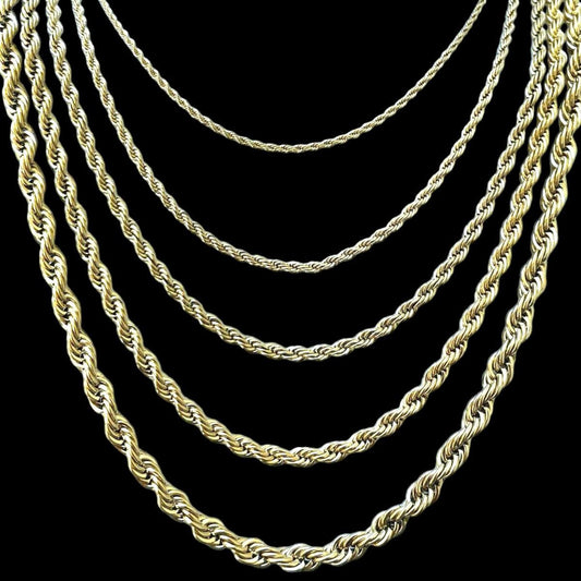 HarlemBling Rope Chain Necklace - 14k Yellow Gold Plated Stainless Steel - 18"-30" - 2mm-6mm