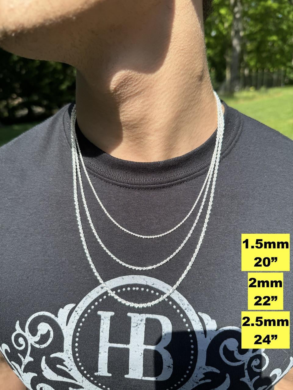 HarlemBling Rope Chain Necklace - 925 Sterling Silver - 16"-30" - 1.5mm-5mm