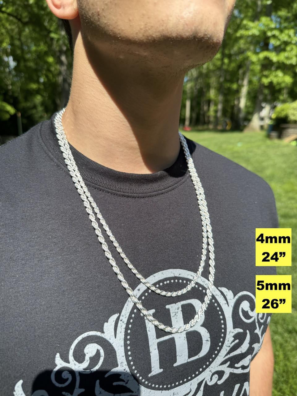 HarlemBling Rope Chain Necklace - 925 Sterling Silver - 16"-30" - 1.5mm-5mm