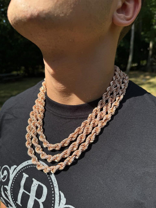 HarlemBling Rope Chain Necklace Iced Out CZ Stones - 14k Rose Gold Vermeil 925 Silver - 9mm - 16"-30"